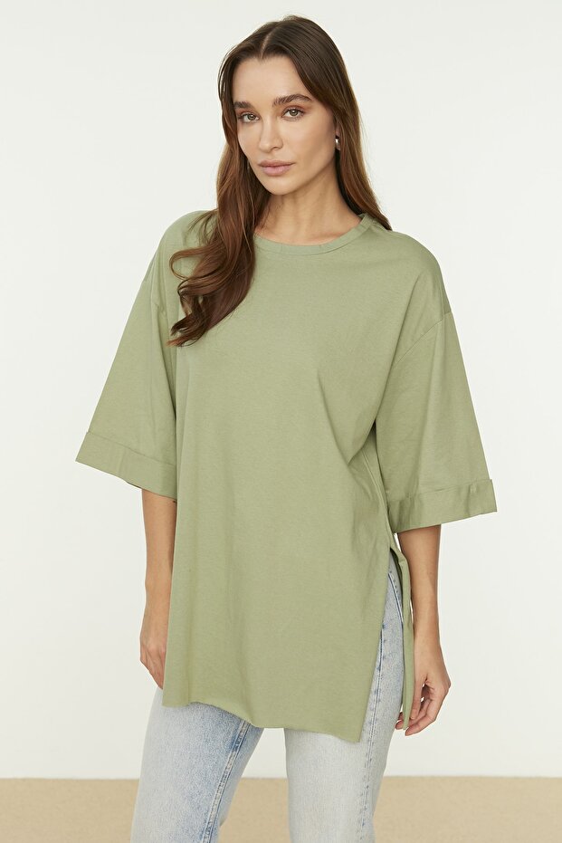 Mint Duble Kol Geniş Kesim Asimetrik Boyfriend Örme T-Shirt TWOSS20TS0828 - 8