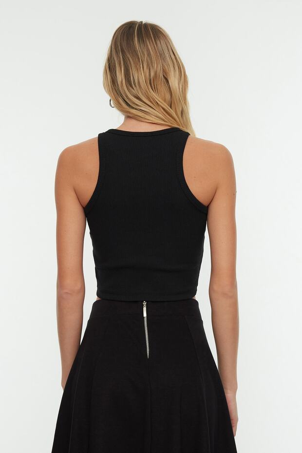 Siyah Fitted/Vücuda Oturan Super Crop Halter Yaka Fitilli Esnek Örme Atlet TWOSS21AL0050 - 5