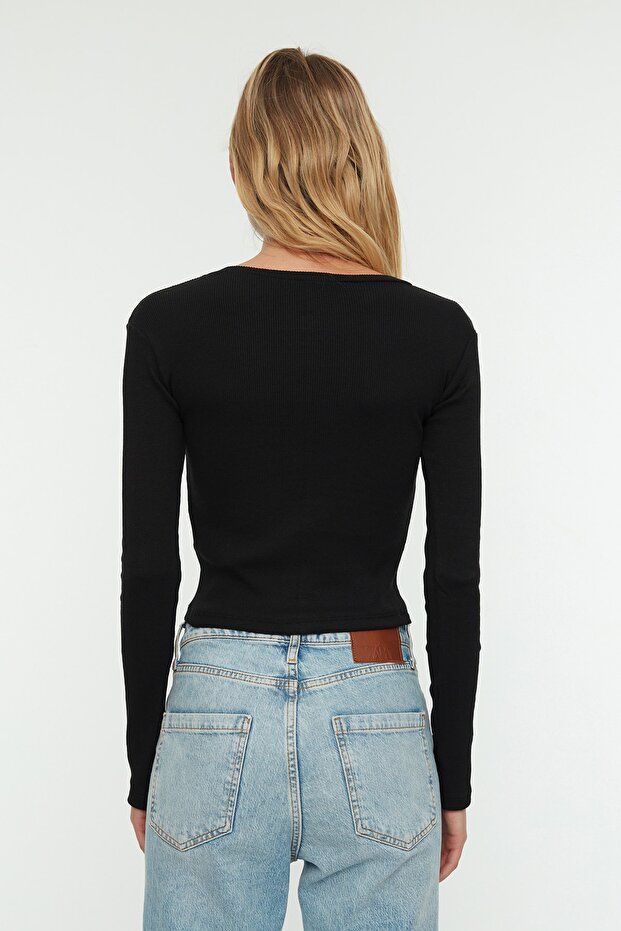 Siyah-Haki 2'li Paket Fitted/Vücuda Oturan Bisiklet Yaka Crop Fitilli Esnek Örme Bluz TWOAW22BZ0331 - 9