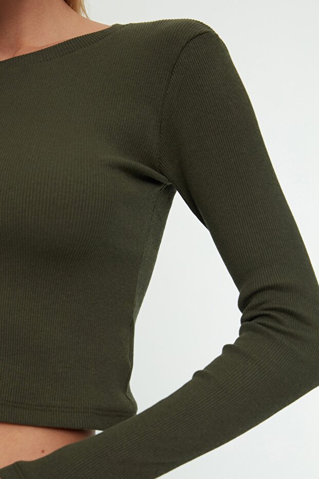 Siyah-Haki 2'li Paket Fitted/Vücuda Oturan Bisiklet Yaka Crop Fitilli Esnek Örme Bluz TWOAW22BZ0331 - 5