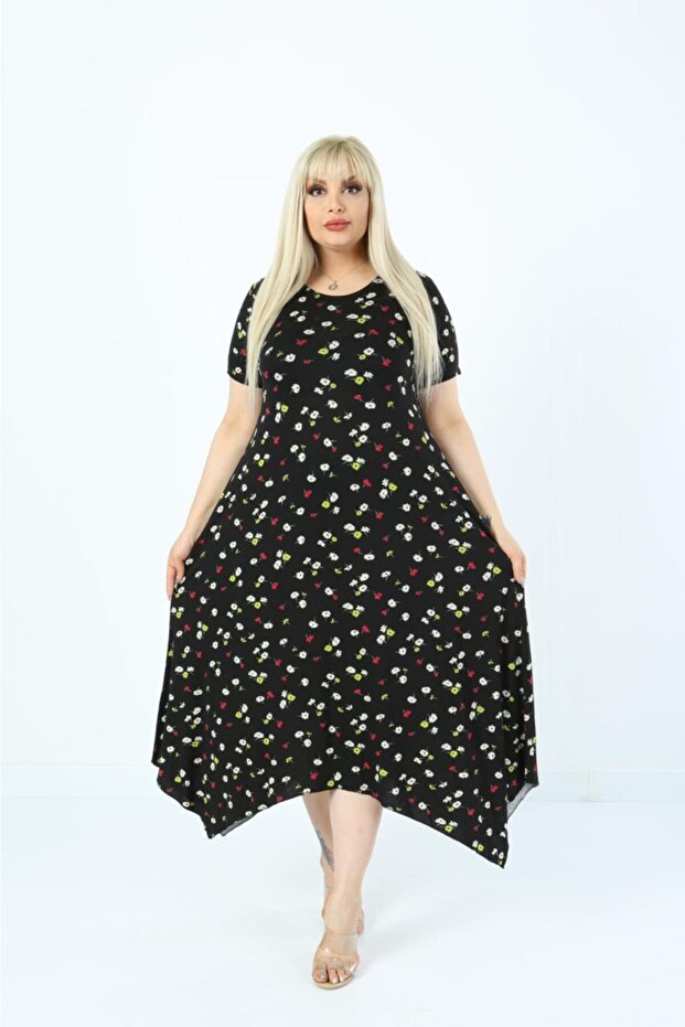 Plus Size Women's Relaxed Cut Patterned Short Sleeve Asymmetrical Viscose Combed Cotton Dress
