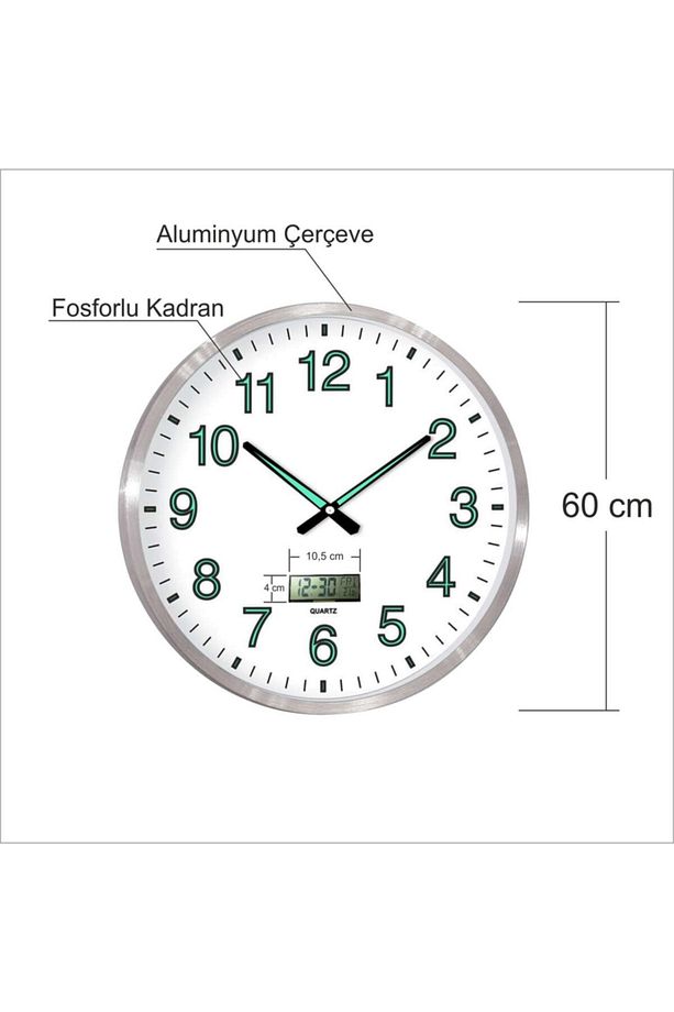 Büyük Dev 60 Cm Aluminyum Çerçeveli Fosforlu Dijitalli Termometreli Düz Okunaklı Kadran Duvar Saati - 2