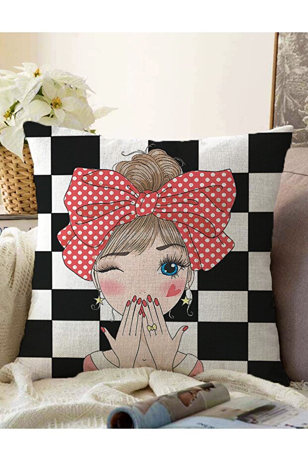 Checkered Fashion Girl Double Sided Digital Printed Modern Raschel Knitted Pillow Case