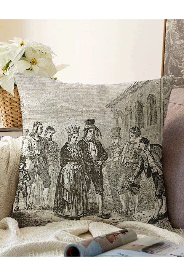 Double Sided Black and White Decorative Raschel Knitted Throw Pillow Cover with King and Queen Motif on the Floor