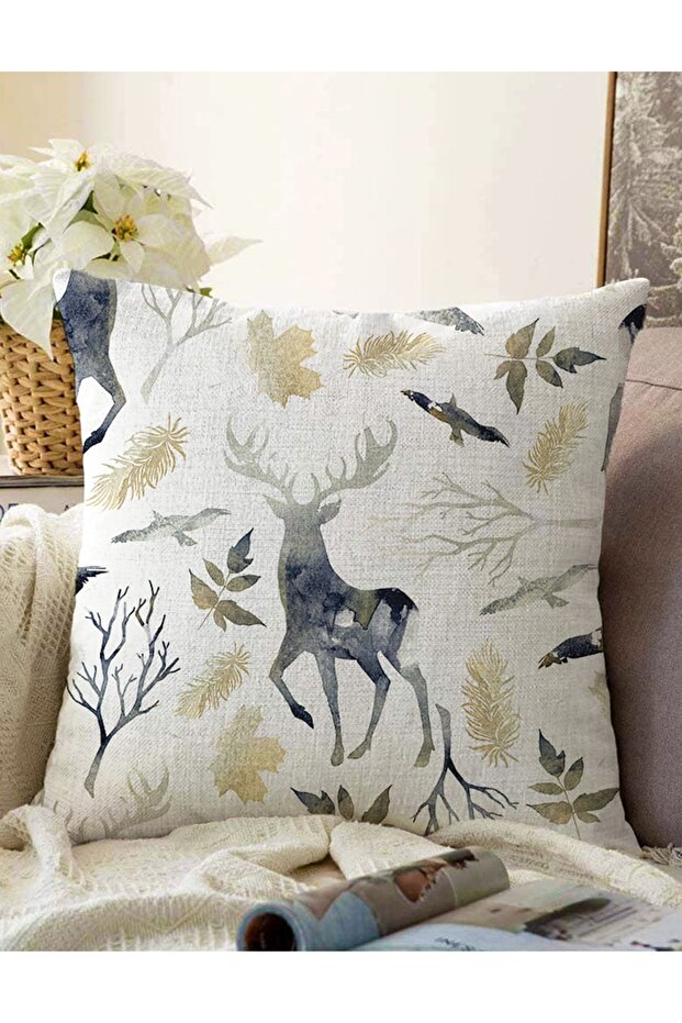 Double Sided Ecru Floored Deer And Leaf Motifs Digital Printed Raschel Knitted Pillow Throw Pillow Cover