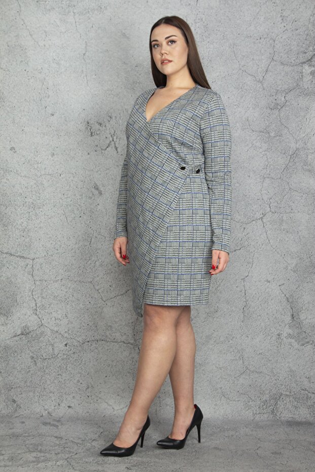 Women's Large Size Gray Plaid Patterned Waist Detailed Wraped Lined Dress 65N37446