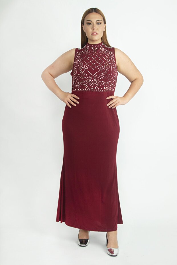 Dámské velké večerní šaty s vyšívaným klaretovým červeným kamenem 65n20690 - 1