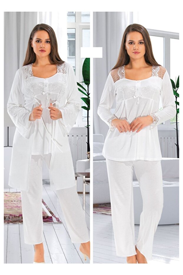 Women's Ecru Maternity Maternity Pajama Set with Dressing Gown 1002