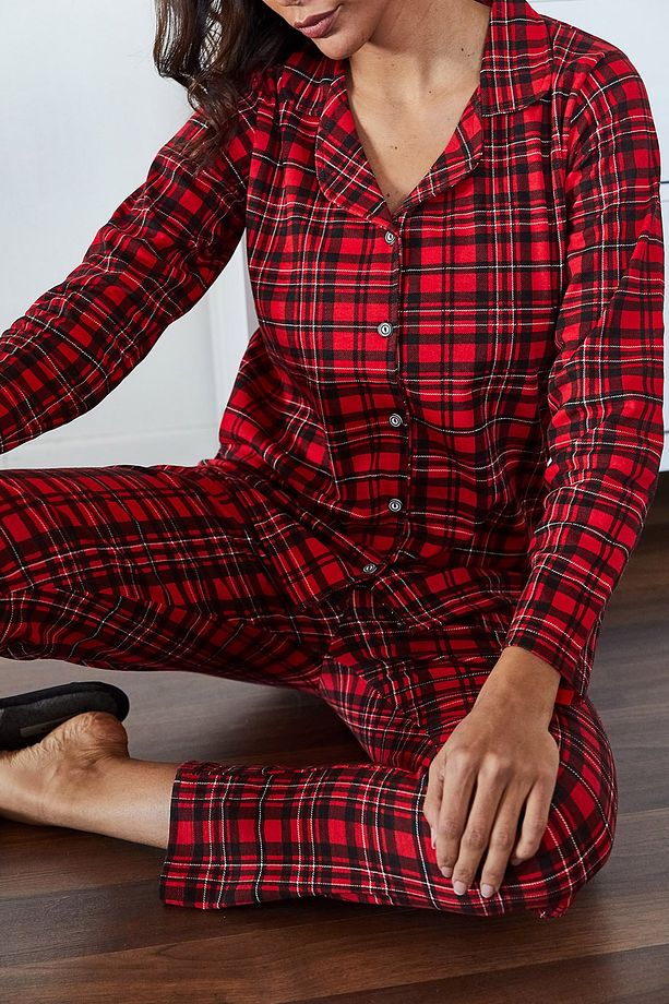 Kadın Kırmızı Kareli Örme Pijama Takımı 1KZK8-11024-04 - 1