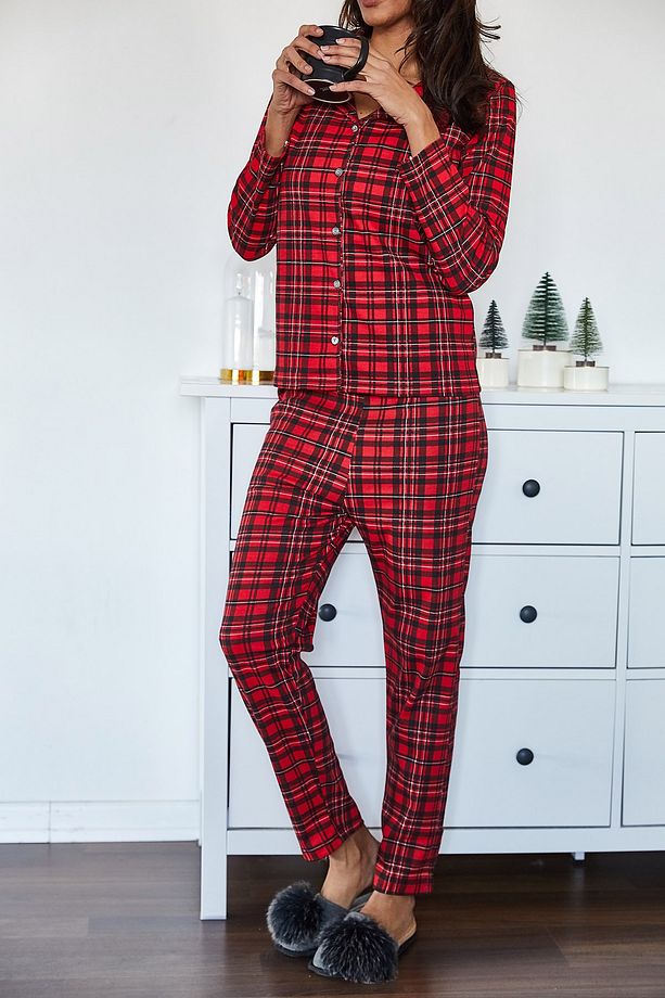 Kadın Kırmızı Kareli Örme Pijama Takımı 1KZK8-11024-04 - 6