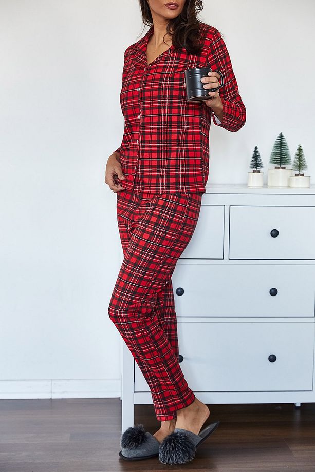 Kadın Kırmızı Kareli Örme Pijama Takımı 1KZK8-11024-04 - 7