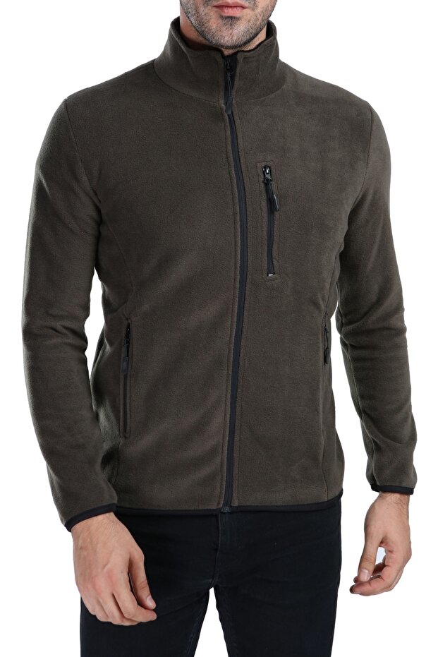 Men's Dark Khaki Full Zipper 3-Pocket Outdoor Fleece Jacket