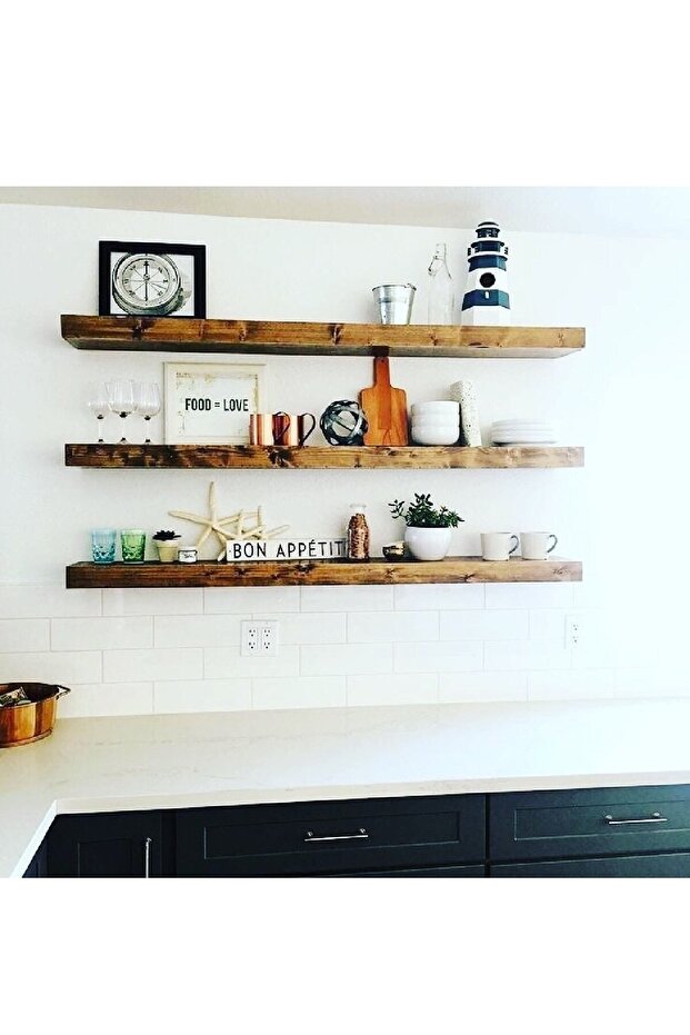 Çam Masif Ahşap 3"lü Kitaplık Dekoratif Duvar Rafı Banyo Düzenleyici Mutfak Düzenleyici 100x14x4cm - 1