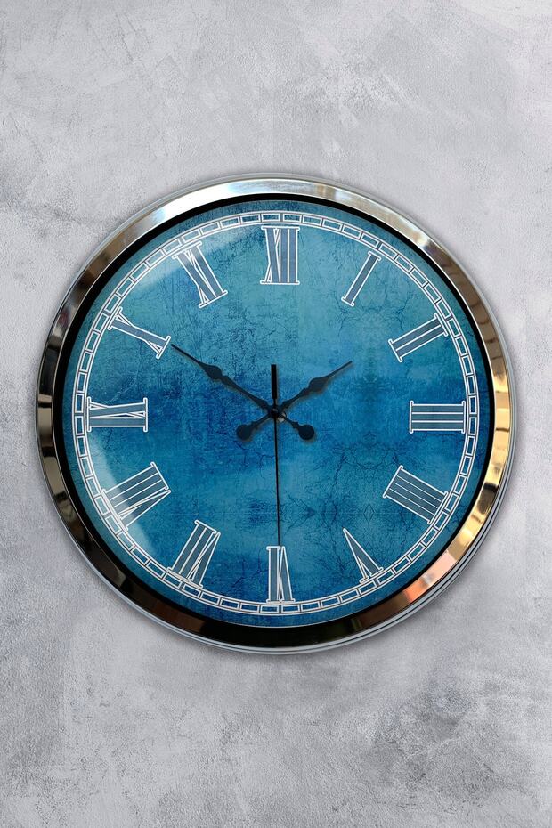 ساعة حائط بنمط أزرق معدني من الكروم مقاس 40 سم - 1