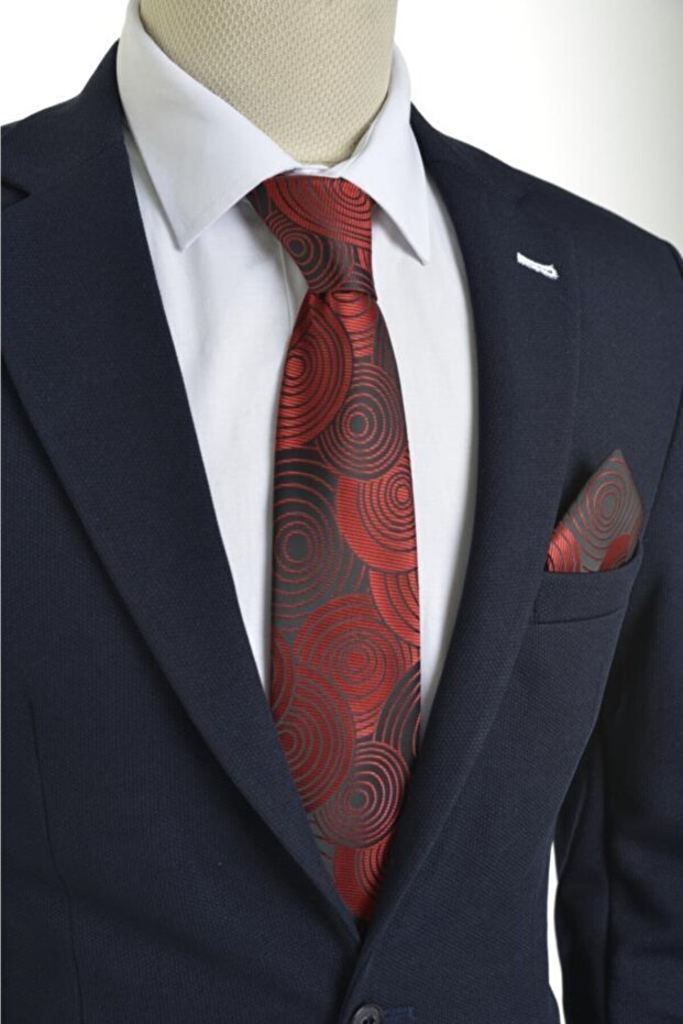 Red Geometric Pattern Handkerchief Tie - 1