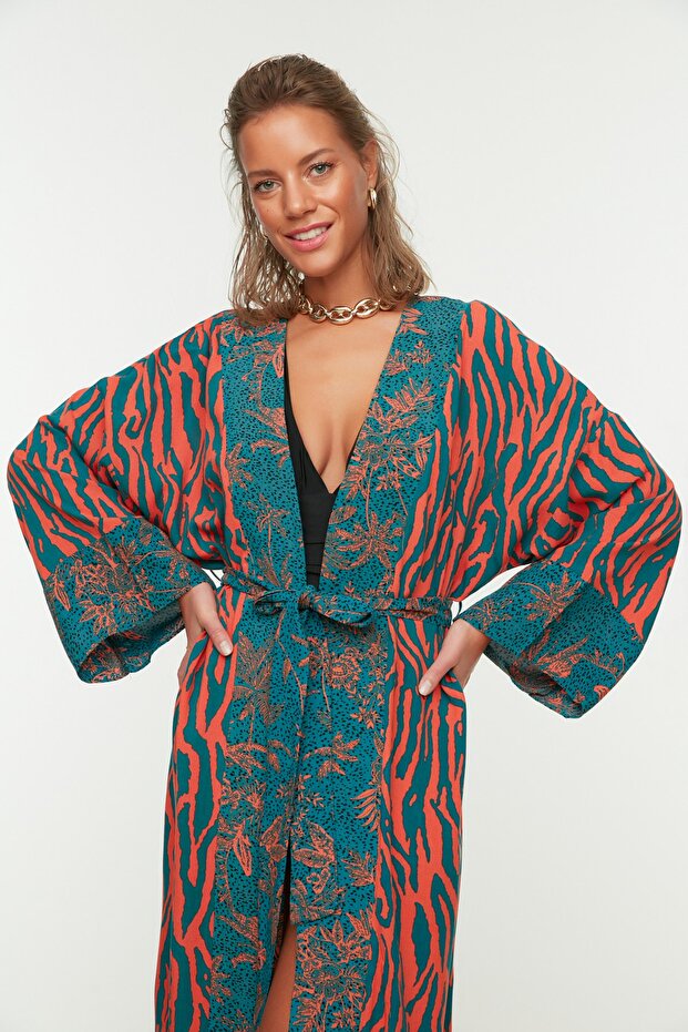Zebra Desenli Dokuma Maxi Plaj Kuşaklı Kimono&Kaftan TBESS21KM0171 - 4