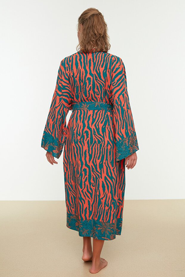Zebra Desenli Dokuma Maxi Plaj Kuşaklı Kimono&Kaftan TBESS21KM0171 - 6