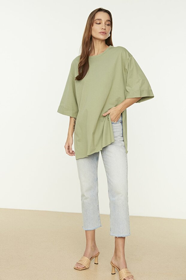 Mint Duble Kol Geniş Kesim Asimetrik Boyfriend Örme T-Shirt TWOSS20TS0828 - 5