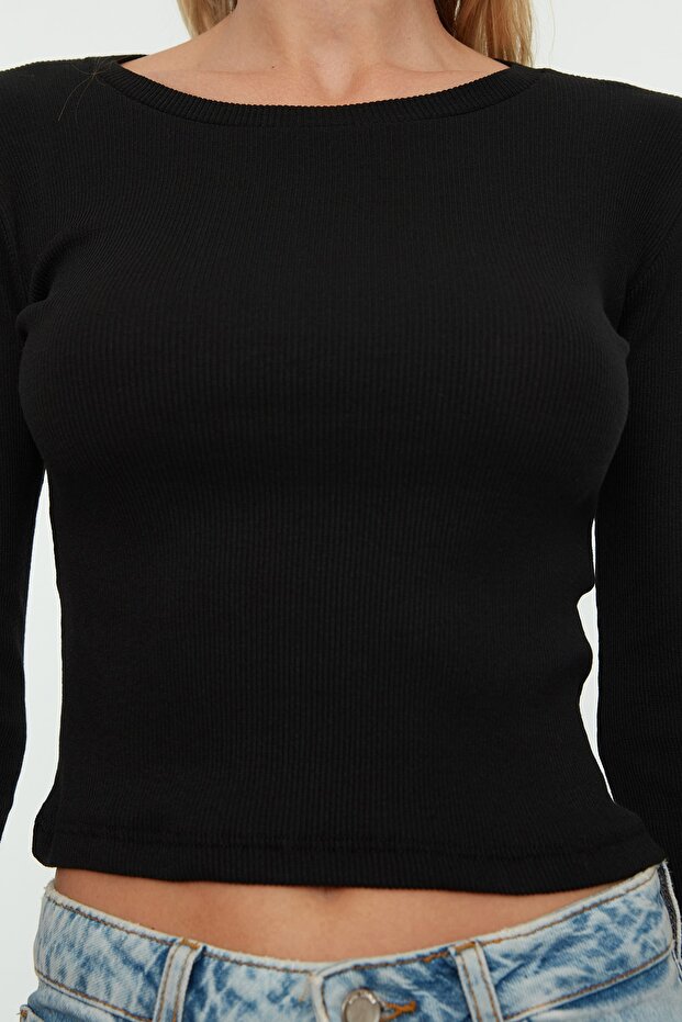 Siyah-Haki 2'li Paket Fitted/Vücuda Oturan Bisiklet Yaka Crop Fitilli Esnek Örme Bluz TWOAW22BZ0331 - 8