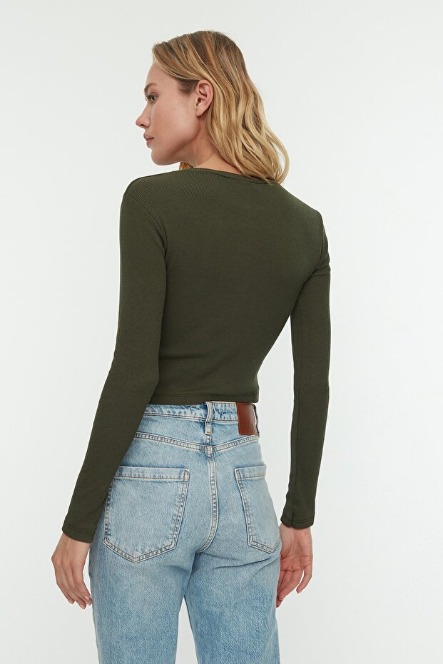 Siyah-Haki 2'li Paket Fitted/Vücuda Oturan Bisiklet Yaka Crop Fitilli Esnek Örme Bluz TWOAW22BZ0331 - 6
