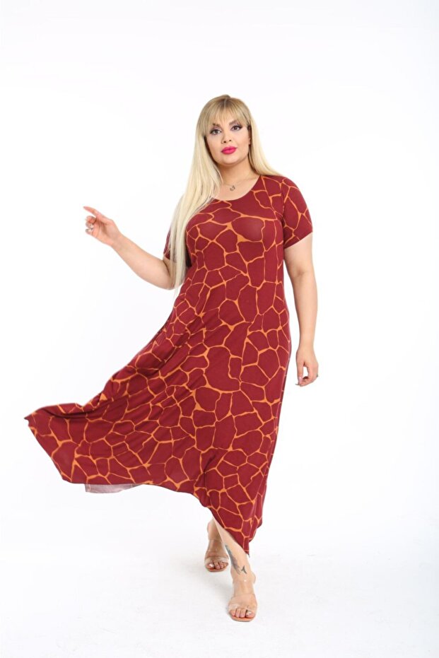 Plus Size Women's Relaxed Cut Patterned Short Sleeve Asymmetrical Viscose Combed Cotton Dress