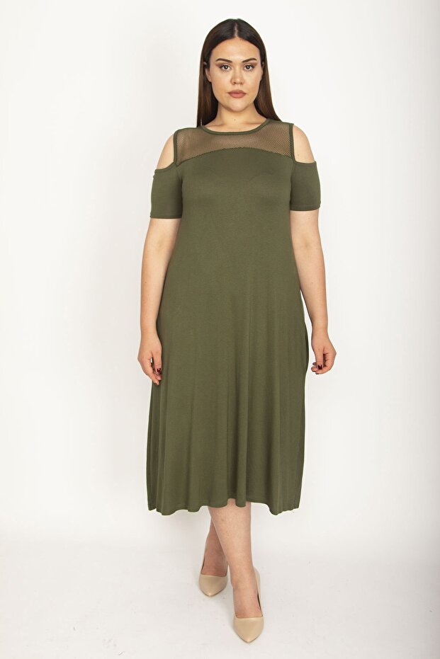 Women's Large Size Khaki Roba Mesh Detailed Viscose Dress 65n24231