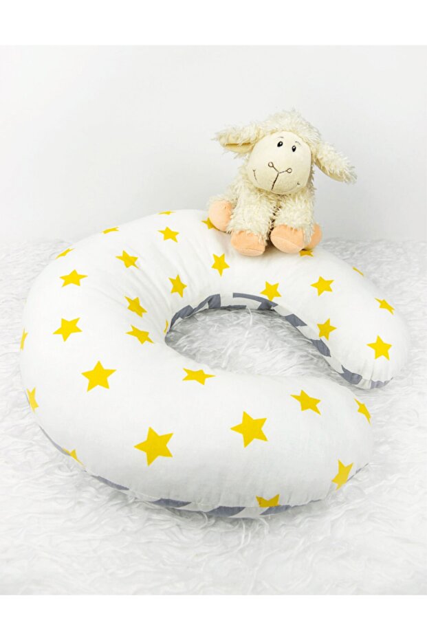 Gray Zigzag and Yellow Star (Beşer Bıyeli) Breastfeeding Pillow and Support Cushion