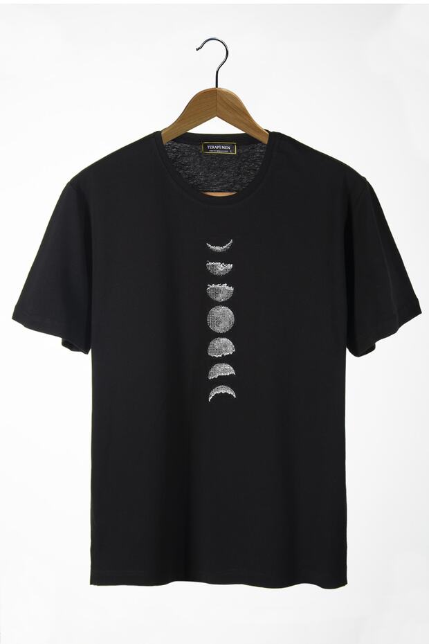 Men's Black Moon Phases Printed Crew Neck Oversize Comfortable Basic T-shirt