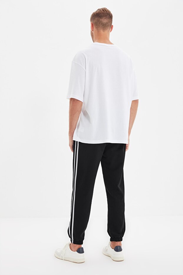 Siyah Regular/Normal Kesim Şeritli Fermuar Cepli Paçası Lastikli Jogger Eşofman Altı TMNSS20EA0050 - 5