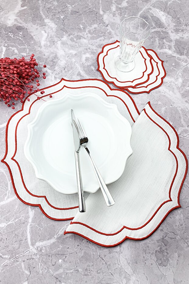 Red Color Double Wrap Embroidered 4 Piece Set Placemat And Cocktail Napkin