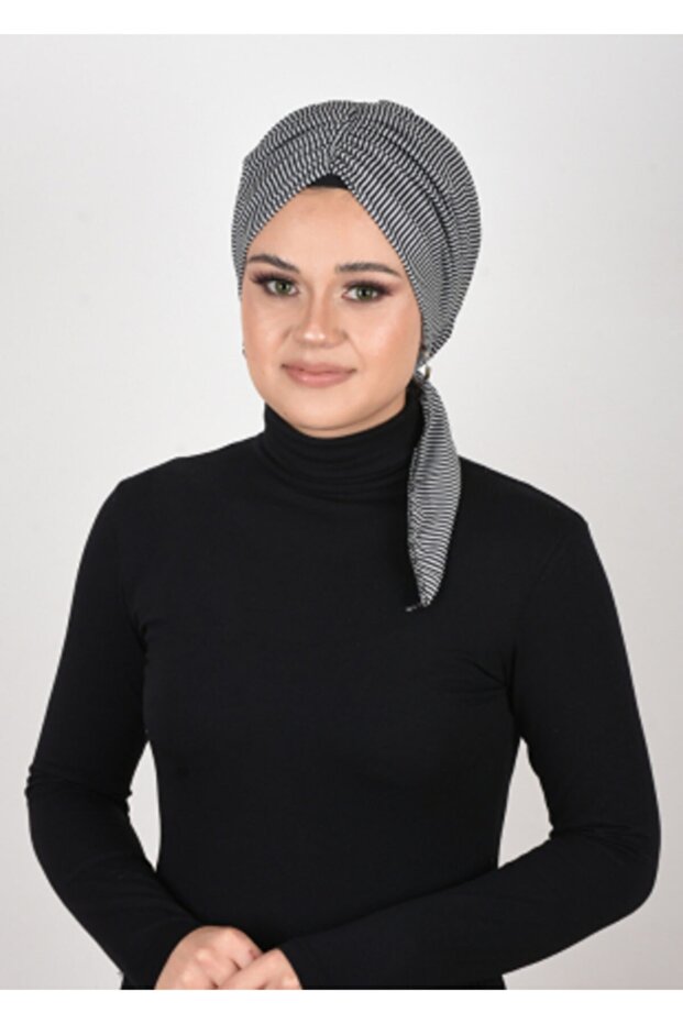 غطاء رأس جاهز برباط عملي منقوش باللونين الأبيض والأسود - 3