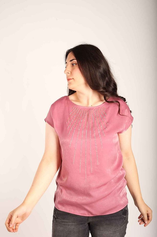 Kadın Taş Işlemeli Önü Saten Bluz-pembe - 3