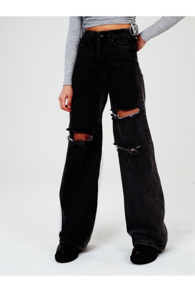 Women's Black Wide Leg Split Detail Palazzo Jean Loose Leg Jean Colorfast Black Jean