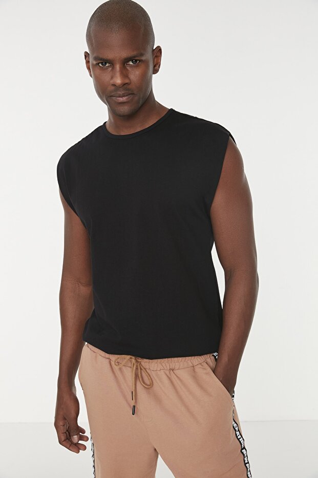 Siyah Basic Regular/Normal Kesim %100 Pamuk Kolsuz Atlet/T-Shirt TMNSS20AL0067 - 7