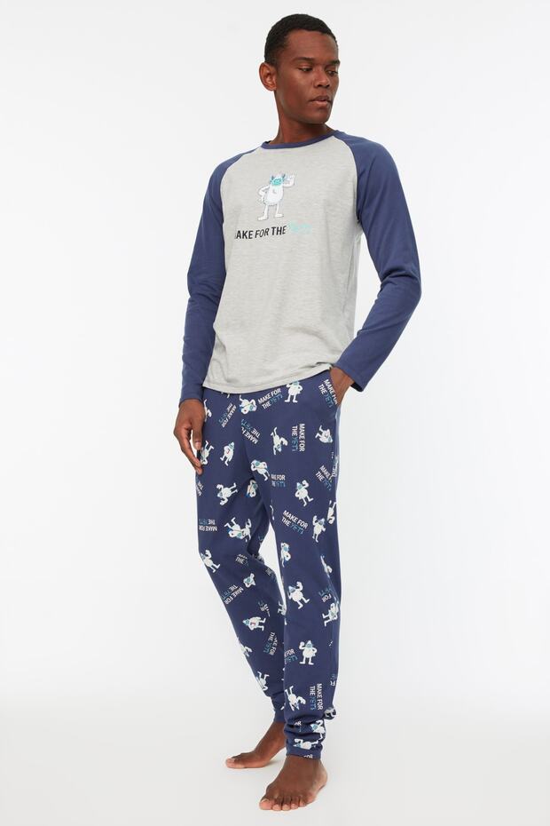 Lacivert-Gri %100 Pamuk Regular Fit Bisiklet Yaka Pijama Takımı THMAW22PT0440 - 2