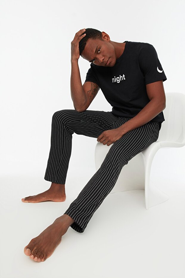 Siyah Baskılı Regular Fit Örme Pijama Takımı THMAW21PT0393 - 5