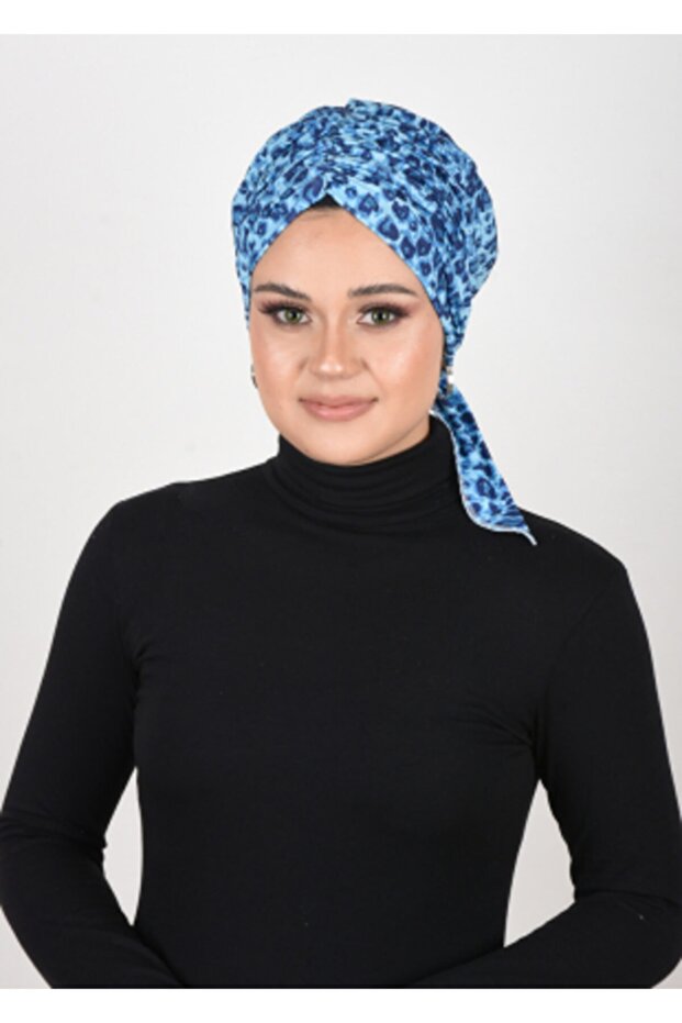 Blue Leopard Patterned Gathered Ready Cap - 2