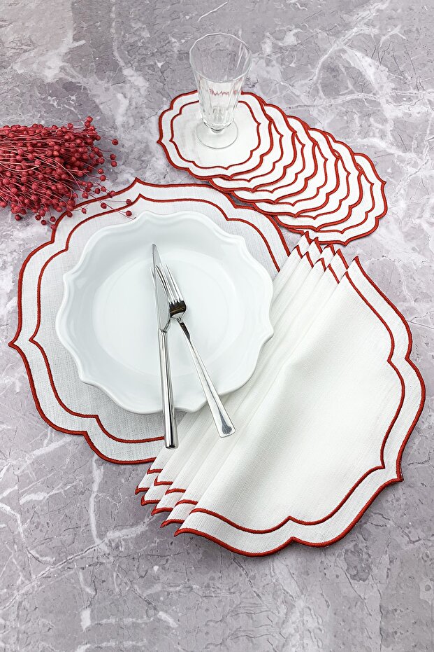 Red Color Double Wrap Embroidered 12 Piece Set Placemat And Cocktail Napkin