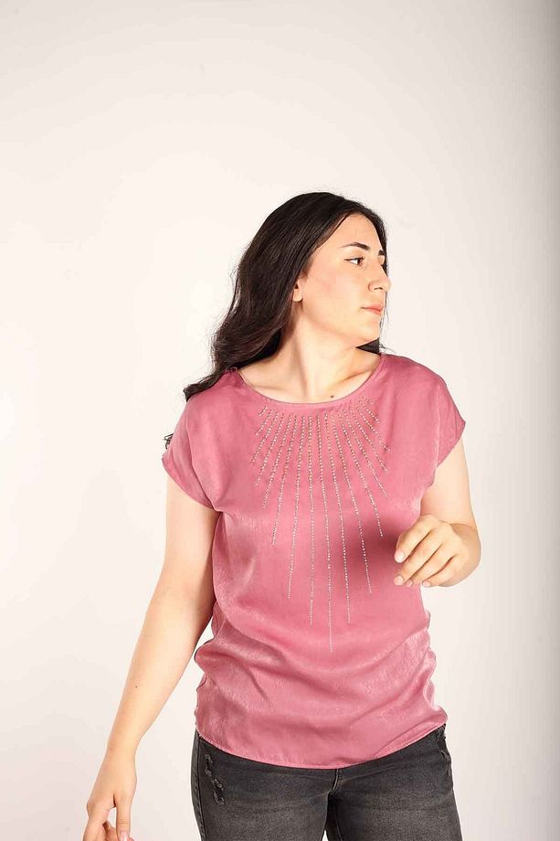 Kadın Taş Işlemeli Önü Saten Bluz-pembe - 4