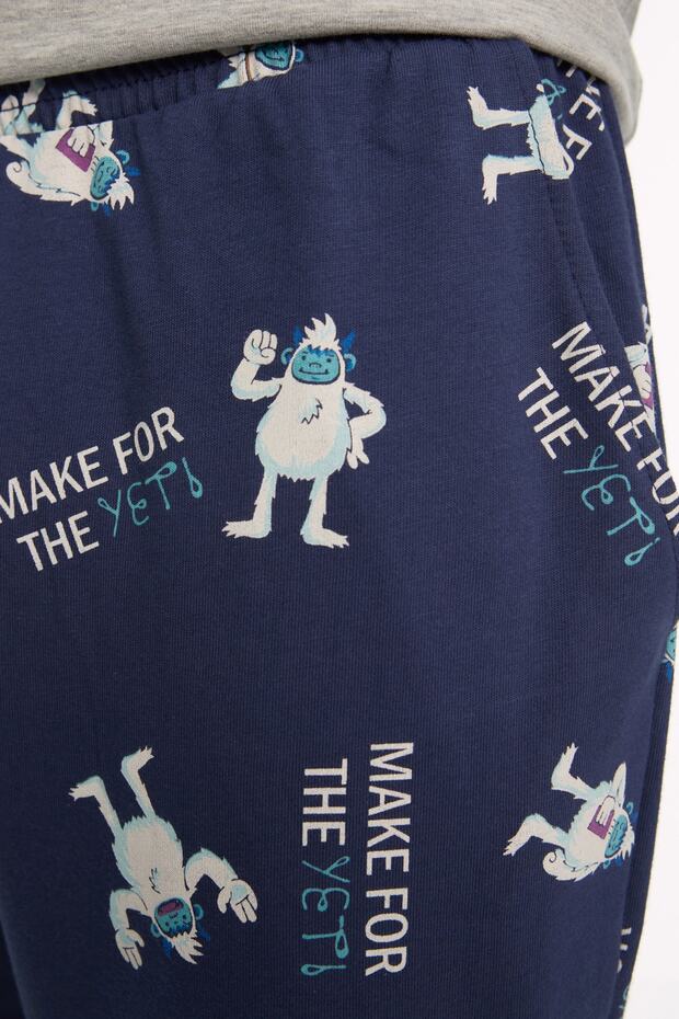 Lacivert-Gri %100 Pamuk Regular Fit Bisiklet Yaka Pijama Takımı THMAW22PT0440 - 5