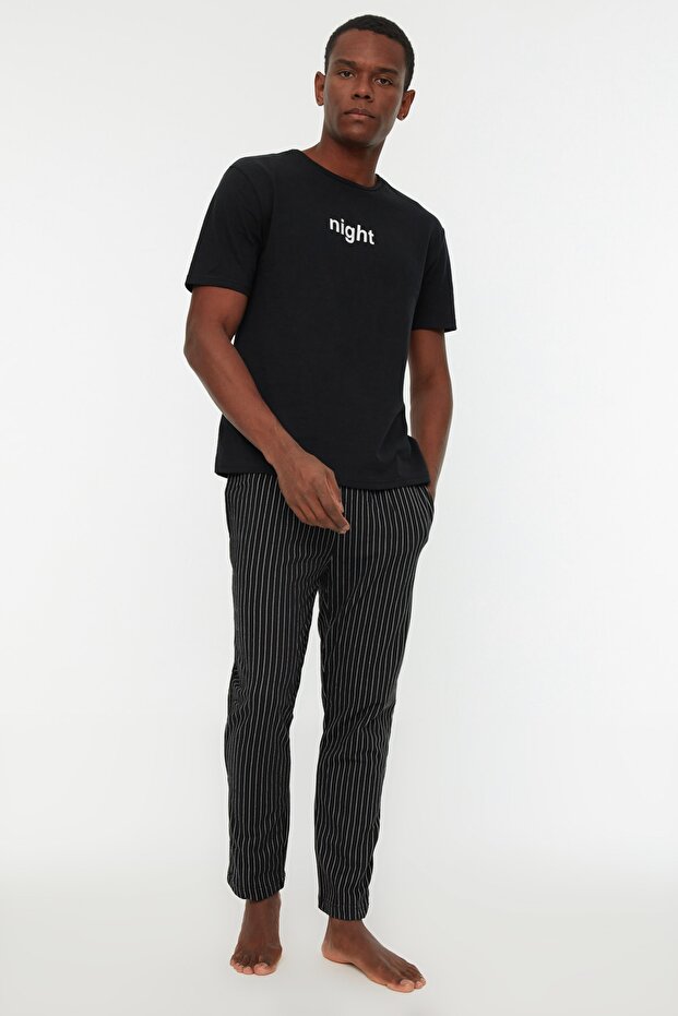 Siyah Baskılı Regular Fit Örme Pijama Takımı THMAW21PT0393 - 2