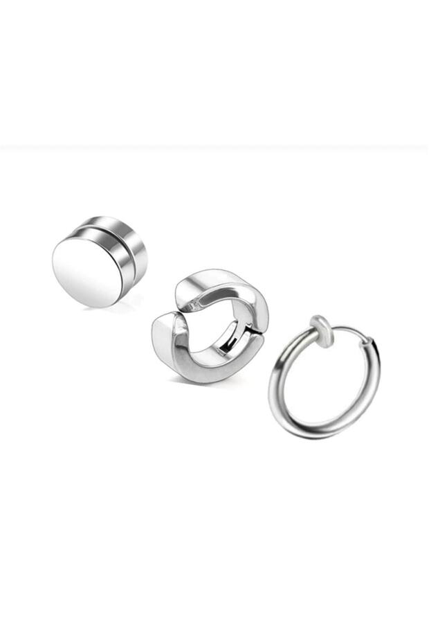 Unisex Gümüş Renk 3 Adet Deliksiz Sıkıştırmalı Mıknatıslı Çelik Küpe - 1