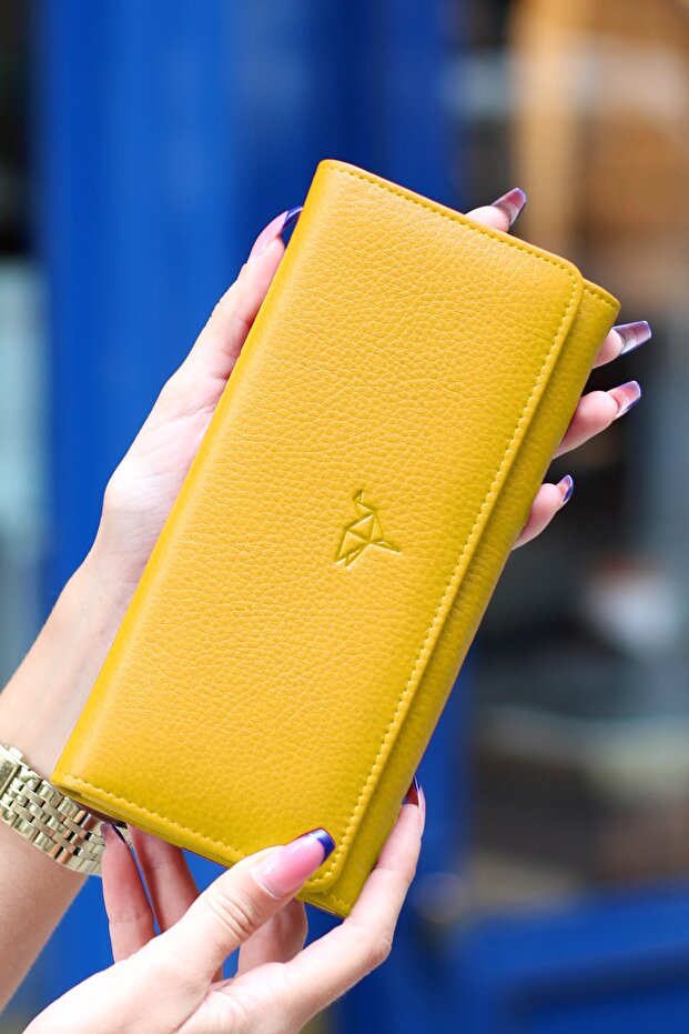 Angel Genuine Leather Women's Wallet with Cell Phone Compartment in Mustard Yellow