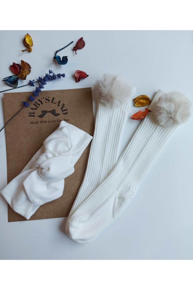 Baby Girl Kid Cream Rabbit Ear Bandana and Cream Pompom Socks