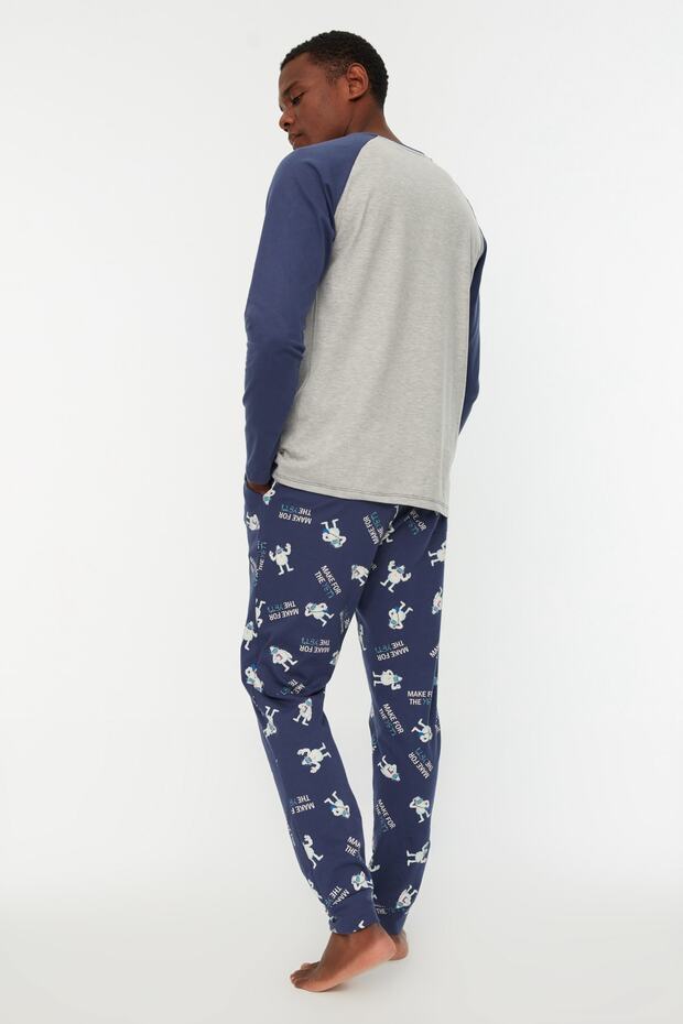 Lacivert-Gri %100 Pamuk Regular Fit Bisiklet Yaka Pijama Takımı THMAW22PT0440 - 6