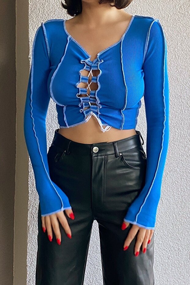 Cobalt Blue Front Lace up Contrast Stitched Blouse Pnk-1518 Pnk-1518