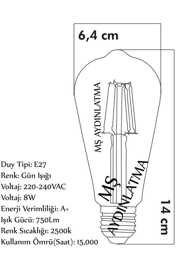 E27 Duylu Armut 8 Watt Gün Işığı Led Filament Rustik Ampul - 2