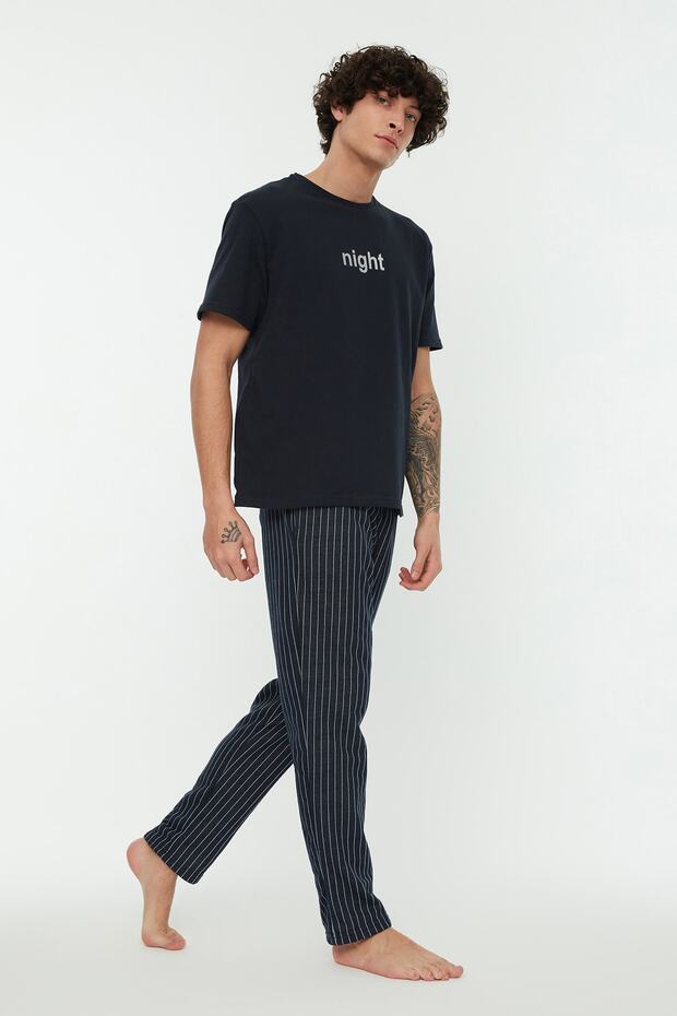 Lacivert Baskılı Regular Fit Örme Pijama Takımı THMAW21PT0393 - 1