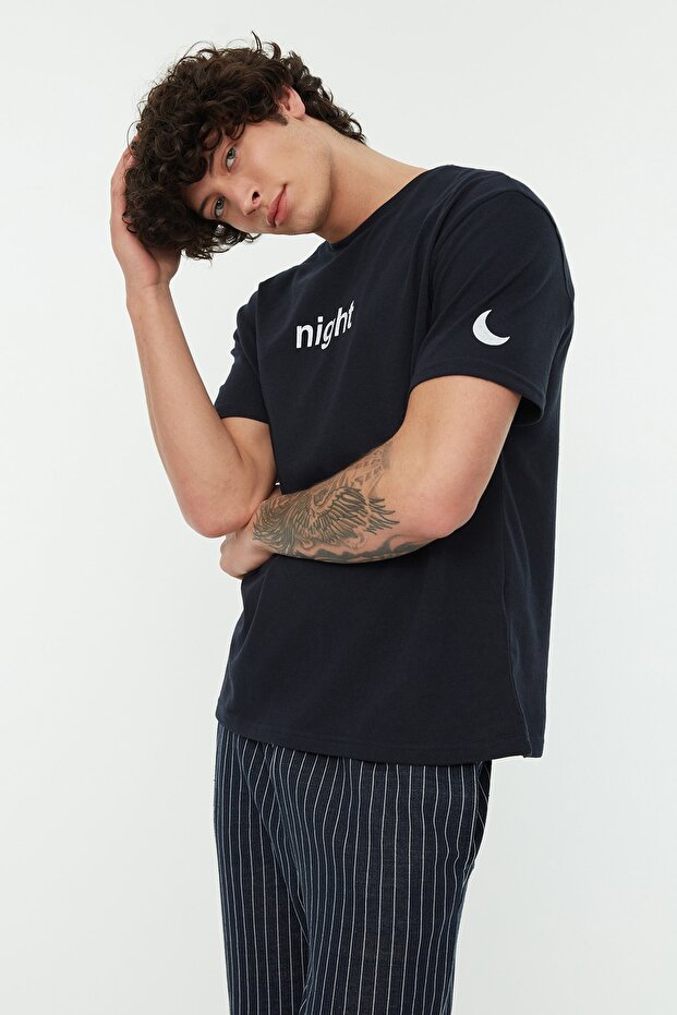 Lacivert Baskılı Regular Fit Örme Pijama Takımı THMAW21PT0393 - 3