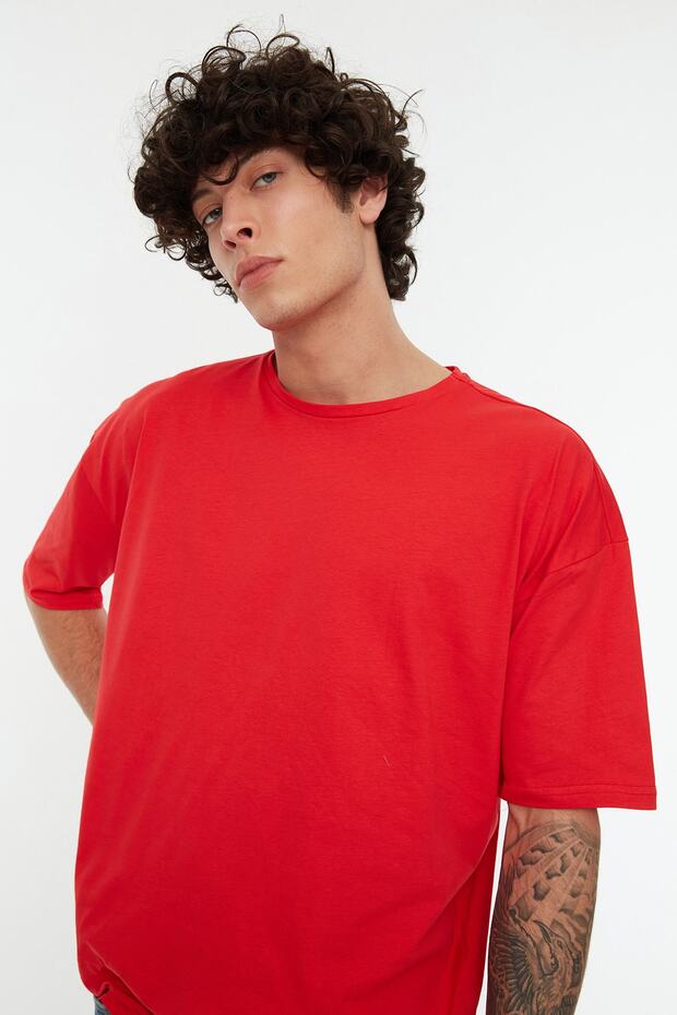 Kırmızı Basic %100 Pamuklu Bisiklet Yaka Oversize/Geniş Kesim Kısa Kollu T-Shirt TMNSS22TS0318 - 4